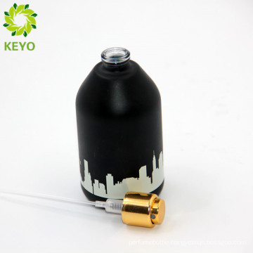 Custom round oil glass bottle perfume 50ml black cylinder shape with sprayer pump cap